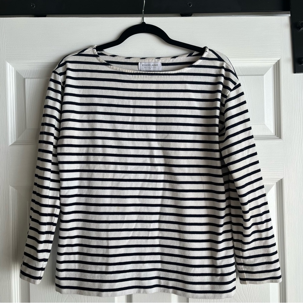 Everlane navy and white striped boat neck long sleeve cotton shirt